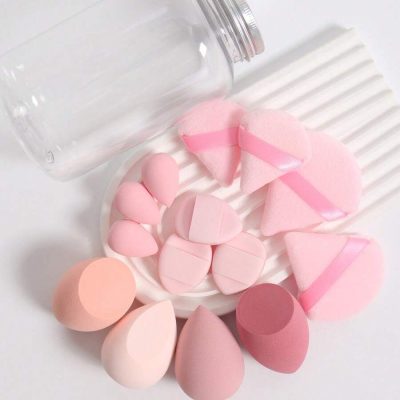 ست ۱۴ تکه پد و اسفنج آرایشی در بطری شیشه‌ای | ابزار آرایش حرفه‌ای در یک بطری شیک