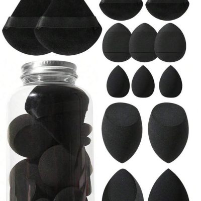 ست ۱۴ تکه پد و اسفنج آرایشی در بطری شیشه‌ای | ابزار آرایش حرفه‌ای در یک بطری شیک