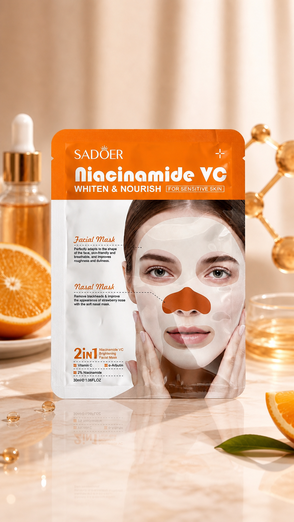 CFBE5AAF-23B8-47BA-934C-AFD685012D2B ماسک ورقه ای صورت و بینی سادور مدل نیاسینامید و ویتامین C حاوی آلفا آربوتین ۳۰ میل - تصویر 1